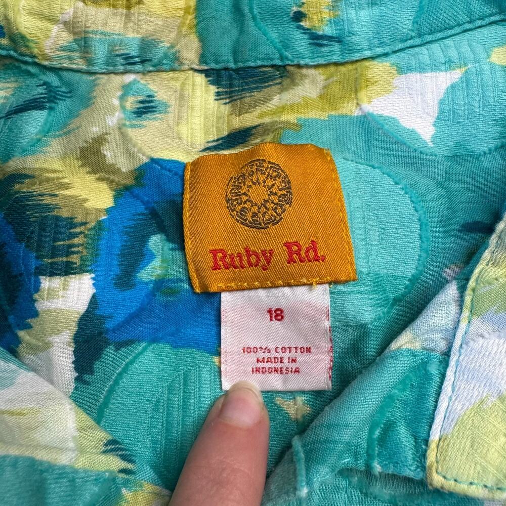 Ruby Rd Shirt Blue Green Floral Eyelet Button Up Top Long Sleeve Womens Sz 18 - Picture 2 of 5